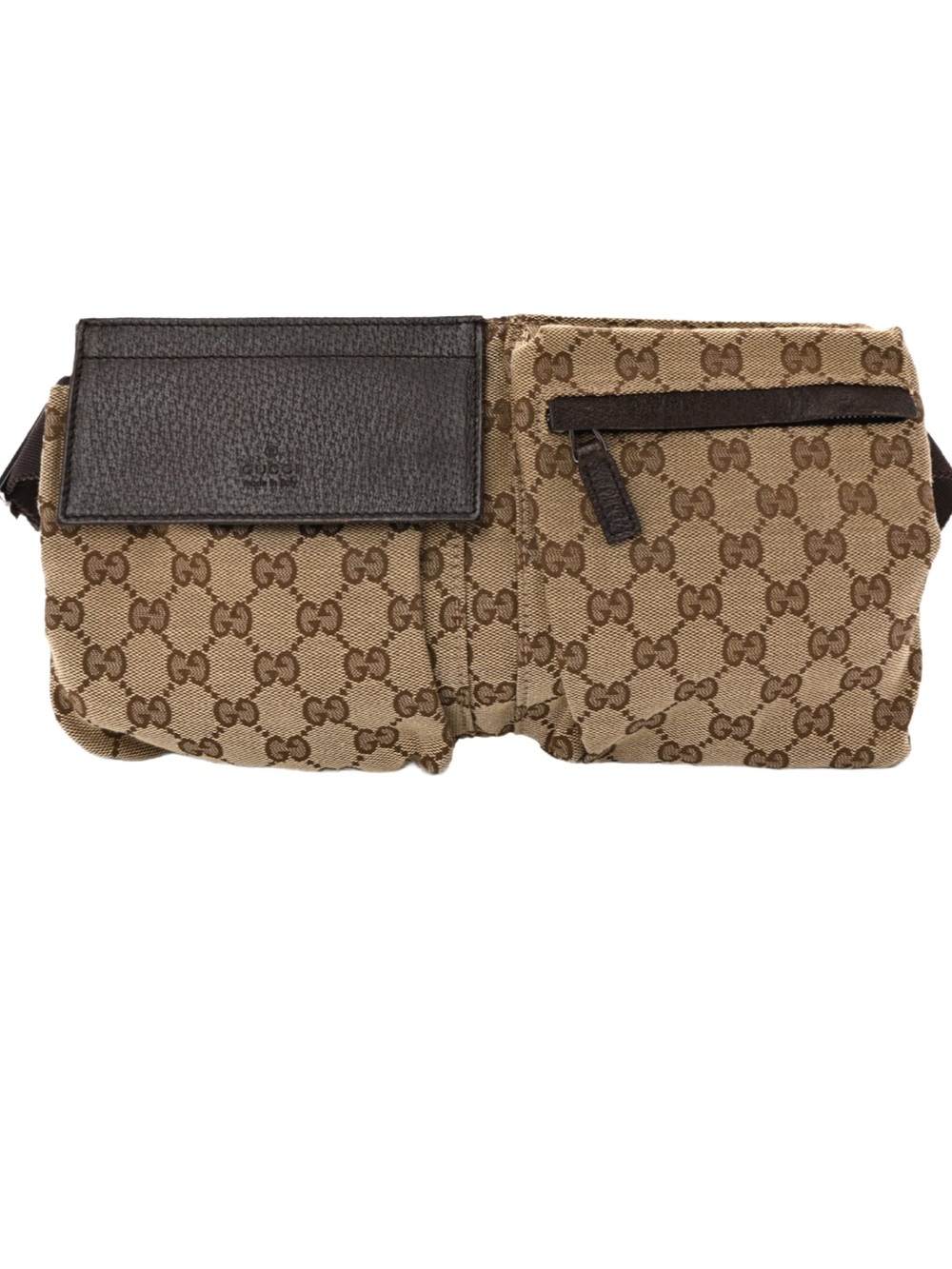 Authentic Gucci GG Monogram Web Double Pocket Belt Bag Dark Brown